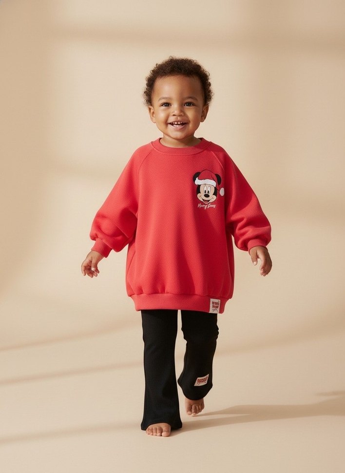 Kız Çocuk Kırmızı Baskılı Sweatshirt ve Siyah Pantolon - Görsel 3