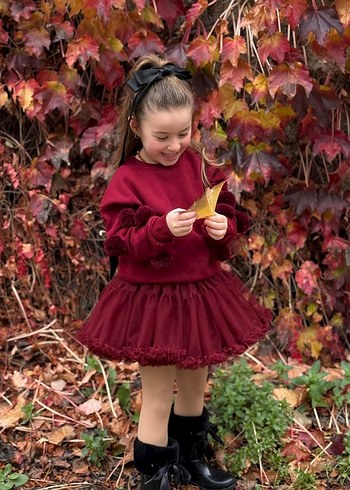 Bordo Kız Çocuk Uzun Kollu Volanlı Alt Üst Takım - Görsel 6