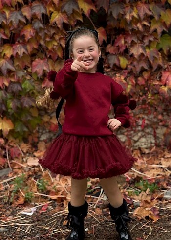 Bordo Kız Çocuk Uzun Kollu Volanlı Alt Üst Takım - Görsel 4