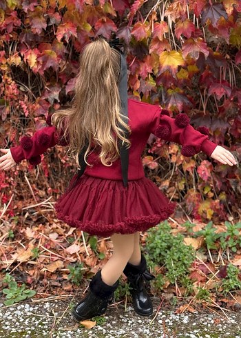 Bordo Kız Çocuk Uzun Kollu Volanlı Alt Üst Takım - Görsel 8