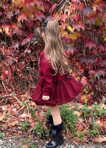 Bordo Kız Çocuk Uzun Kollu Volanlı Alt Üst Takım - Görsel 3