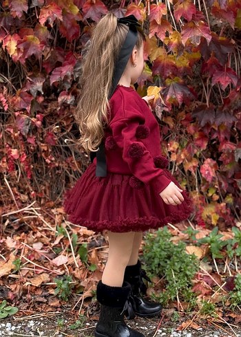 Bordo Kız Çocuk Uzun Kollu Volanlı Alt Üst Takım - Görsel 5