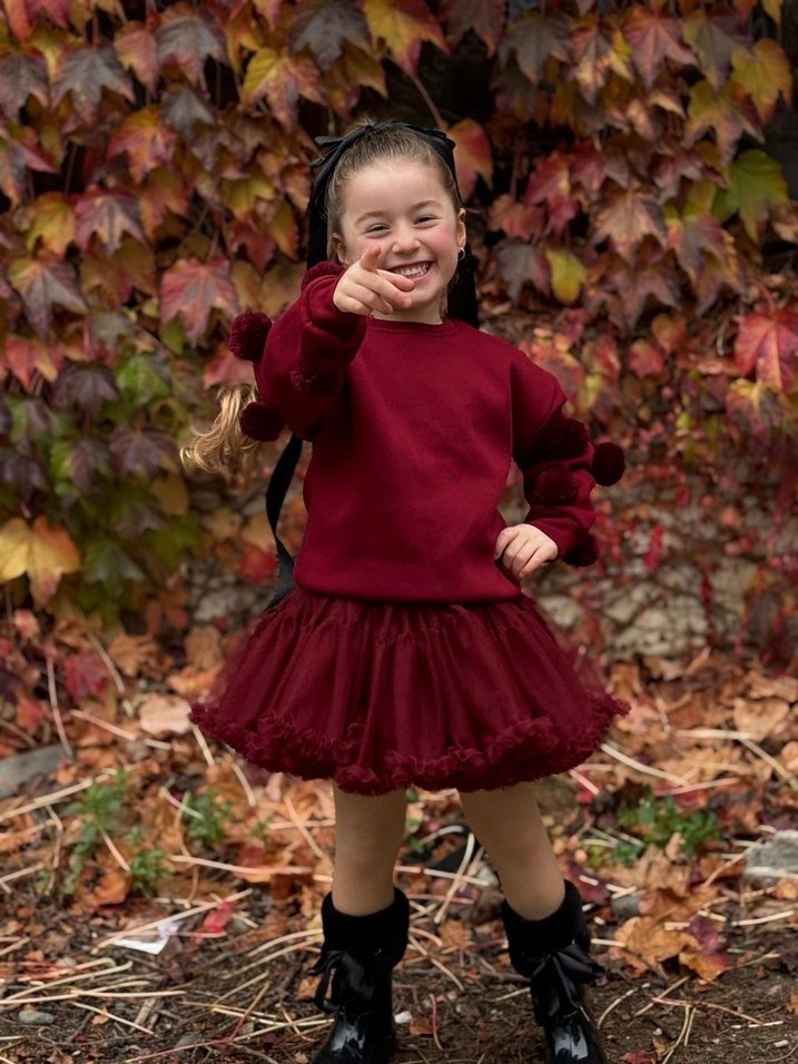 Bordo Kız Çocuk Uzun Kollu Volanlı Alt Üst Takım - Görsel 4