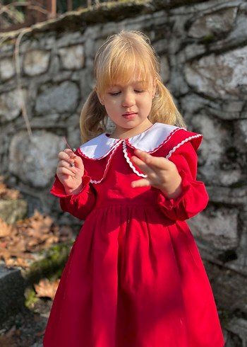 Uzun Kollu Kırmızı Kız Çocuk Elbisesi - Görsel 2