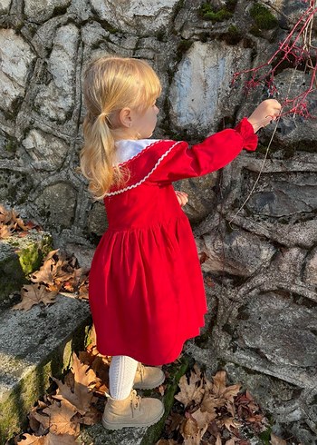 Uzun Kollu Kırmızı Kız Çocuk Elbisesi - Görsel 3