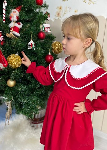 Uzun Kollu Kırmızı Kız Çocuk Elbisesi - Görsel 6