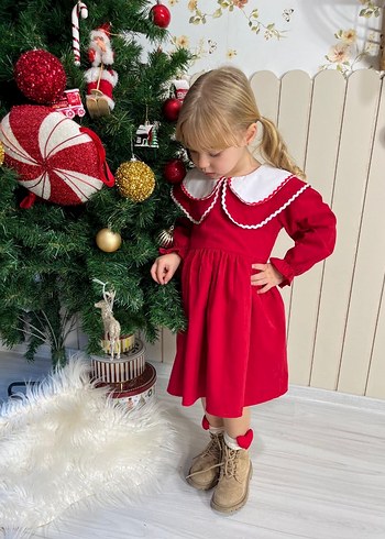 Uzun Kollu Kırmızı Kız Çocuk Elbisesi - Görsel 9