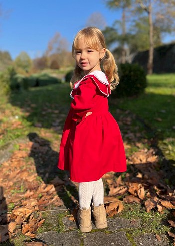 Uzun Kollu Kırmızı Kız Çocuk Elbisesi - Görsel 7