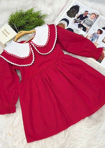 Uzun Kollu Kırmızı Kız Çocuk Elbisesi - Görsel 4
