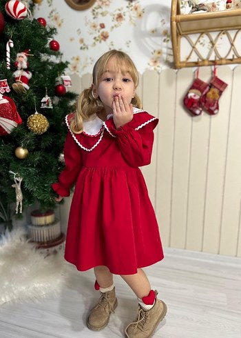 Uzun Kollu Kırmızı Kız Çocuk Elbisesi - Görsel 8