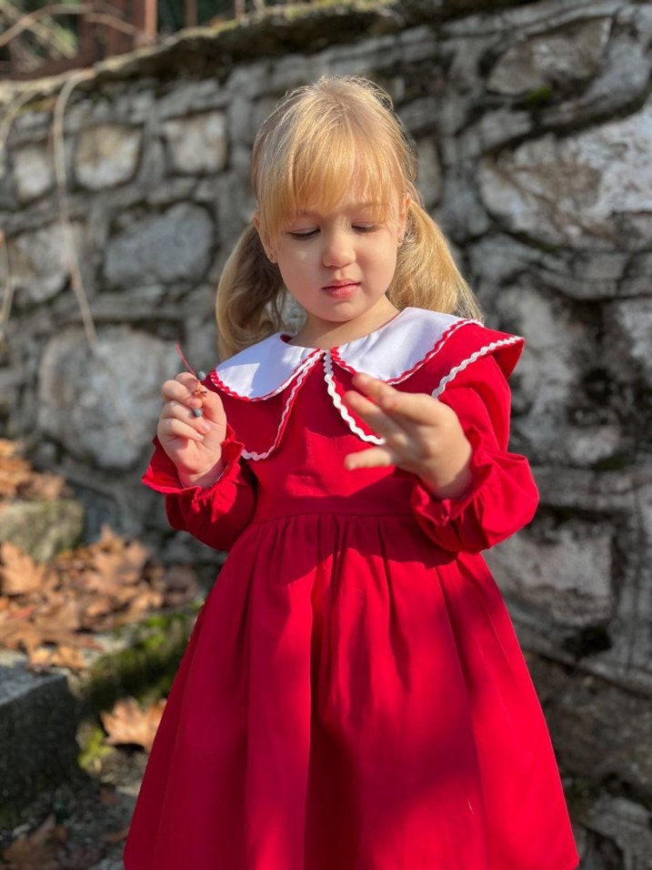 Uzun Kollu Kırmızı Kız Çocuk Elbisesi - Görsel 2