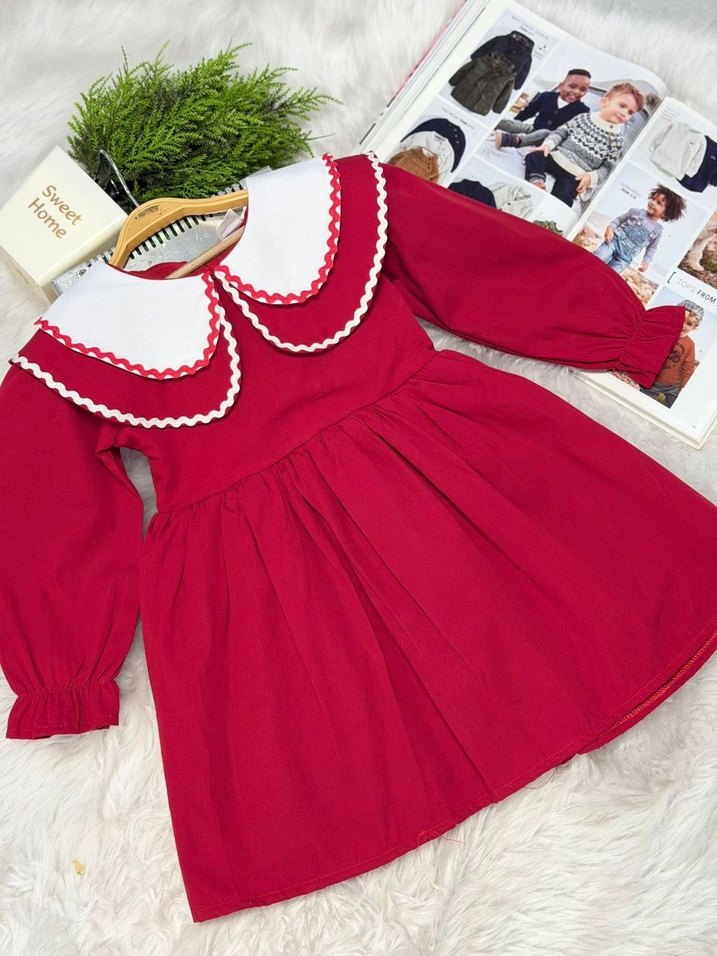 Uzun Kollu Kırmızı Kız Çocuk Elbisesi - Görsel 4
