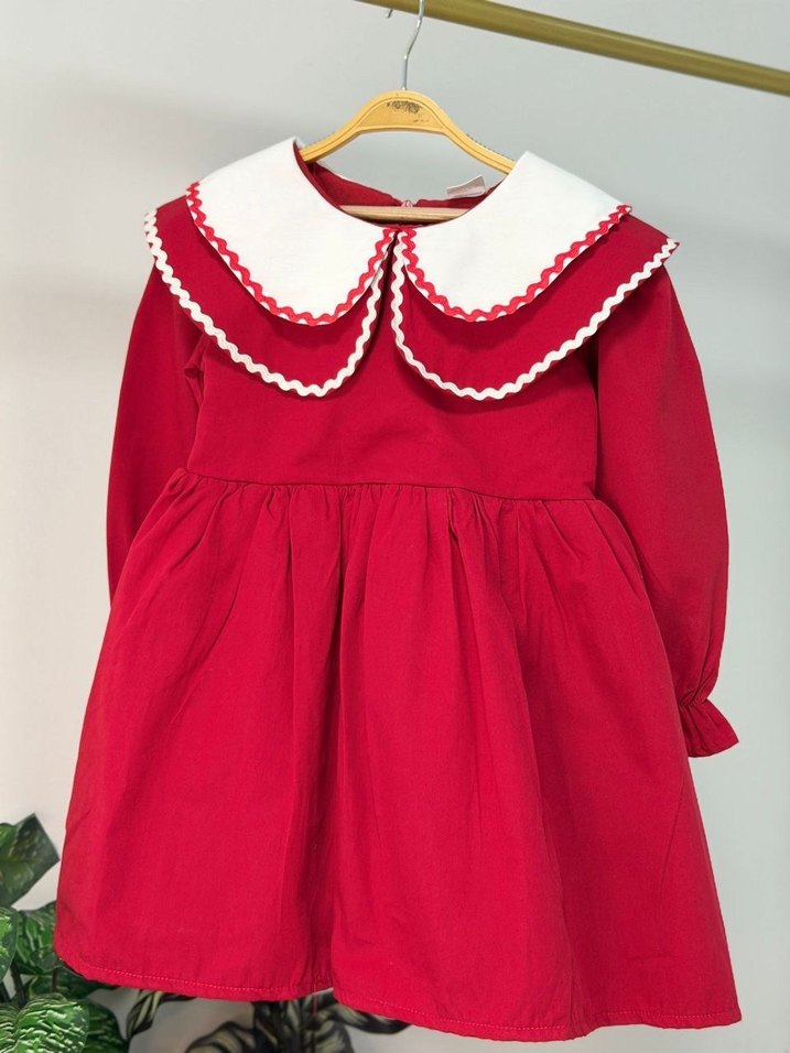 Uzun Kollu Kırmızı Kız Çocuk Elbisesi - Görsel 5