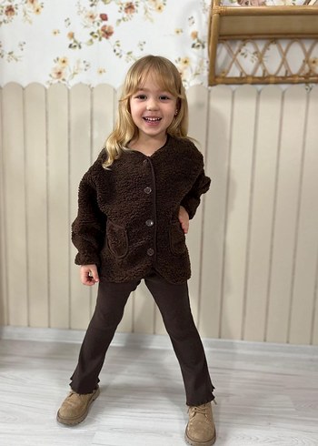 Kız Çocuk Kahverengi Kürklü Ceket + Fitilli Tayt - Görsel 3