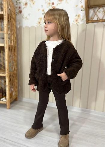 Kız Çocuk Kahverengi Kürklü Ceket + Fitilli Tayt - Görsel 2