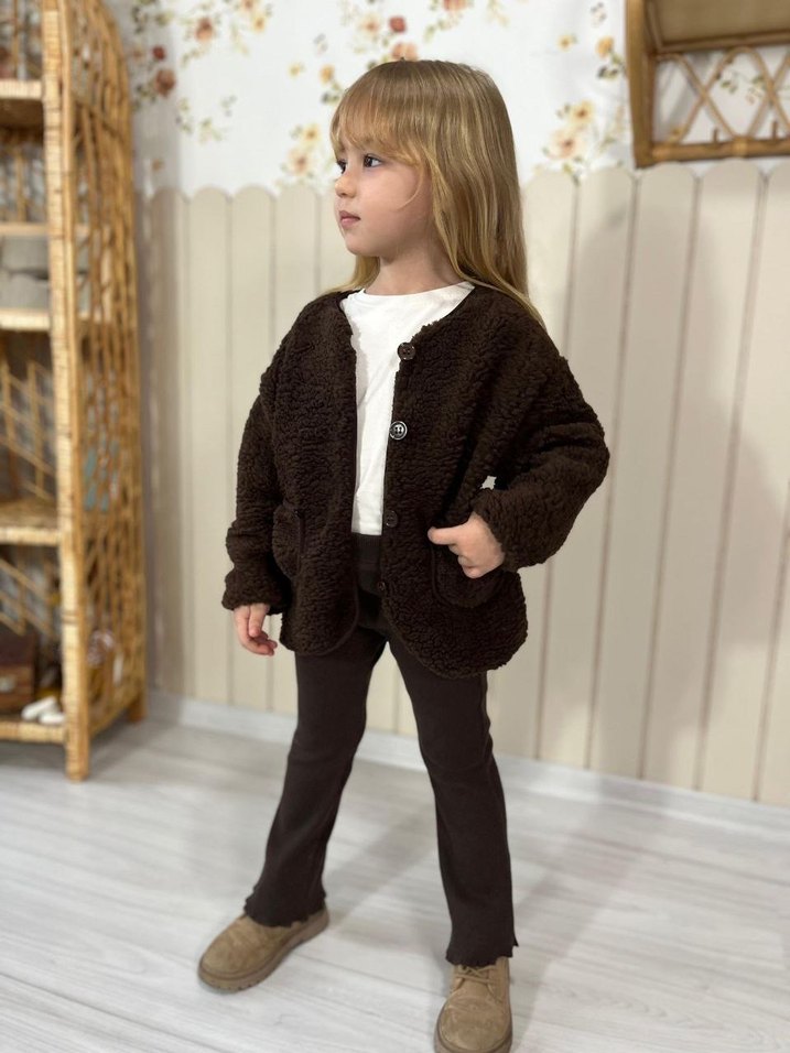 Kız Çocuk Kahverengi Kürklü Ceket + Fitilli Tayt - Görsel 2