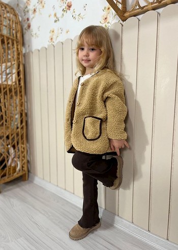 Kız Çocuk Kürk Detaylı Kahverengi Ceket + Tayt - Görsel 3