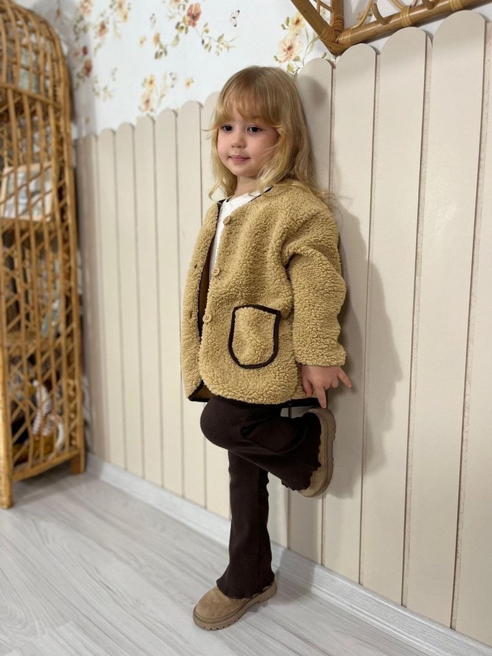 Kız Çocuk Kürk Detaylı Kahverengi Ceket + Tayt - Görsel 3