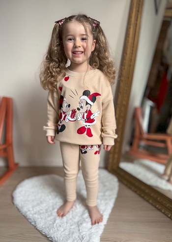 Kız Çocuk Bej Mickey Baskılı Sweatshirt ve Eşofman Takımı - Görsel 3