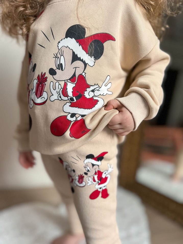 Kız Çocuk Bej Mickey Baskılı Sweatshirt ve Eşofman Takımı - Görsel 2