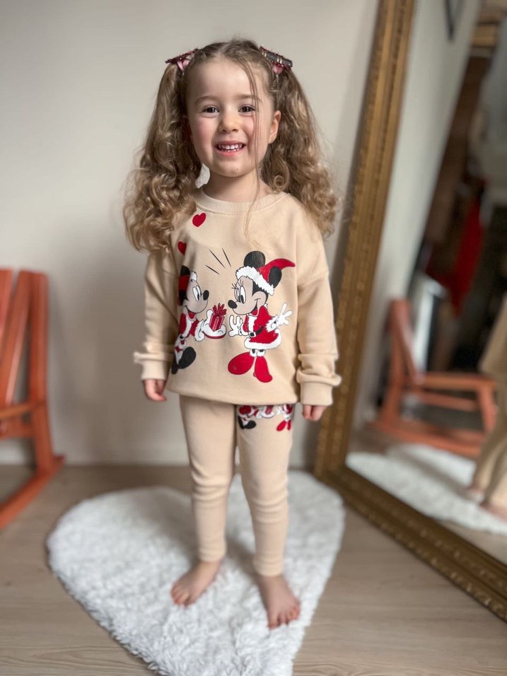 Kız Çocuk Bej Mickey Baskılı Sweatshirt ve Eşofman Takımı - Görsel 3