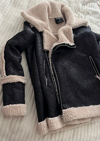 Gri Kürklü Siyah Kadın Biker Ceket - Görsel 9