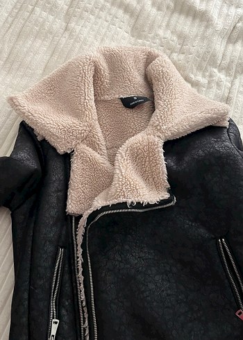 Gri Kürklü Siyah Kadın Biker Ceket - Görsel 4