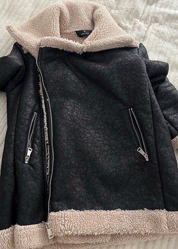 Gri Kürklü Siyah Kadın Biker Ceket - Görsel 5