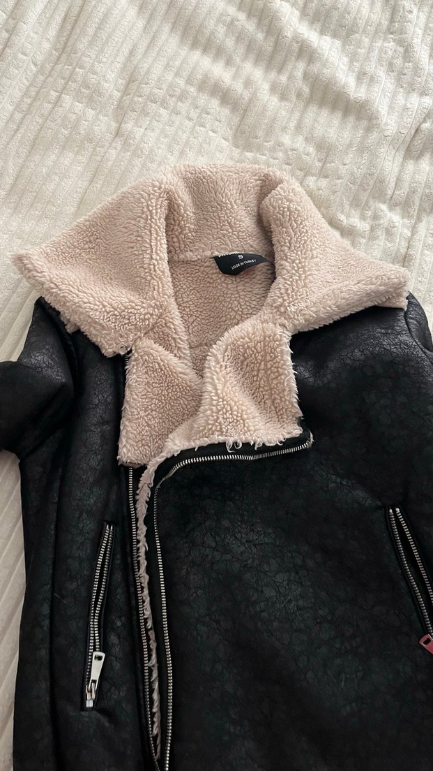 Gri Kürklü Siyah Kadın Biker Ceket - Görsel 4