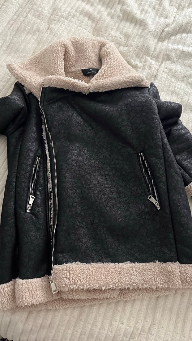 Gri Kürklü Siyah Kadın Biker Ceket - Görsel 5