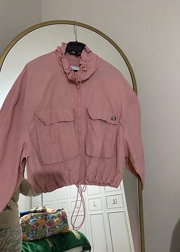 Pembe Mini Kadın Ceket, Düğmeli, Yüksek Yakalı