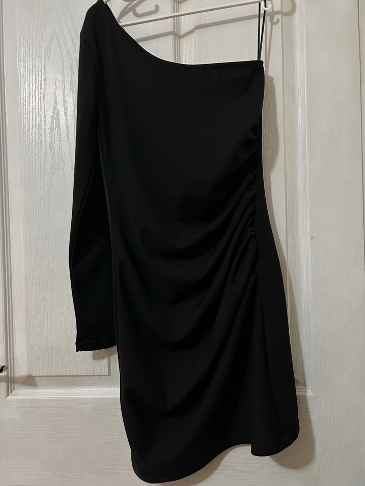 Drapeli Siyah Mini Elbise - Görsel 2