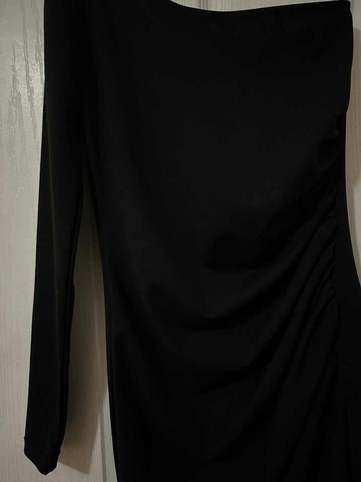 Drapeli Siyah Mini Elbise - Görsel 3