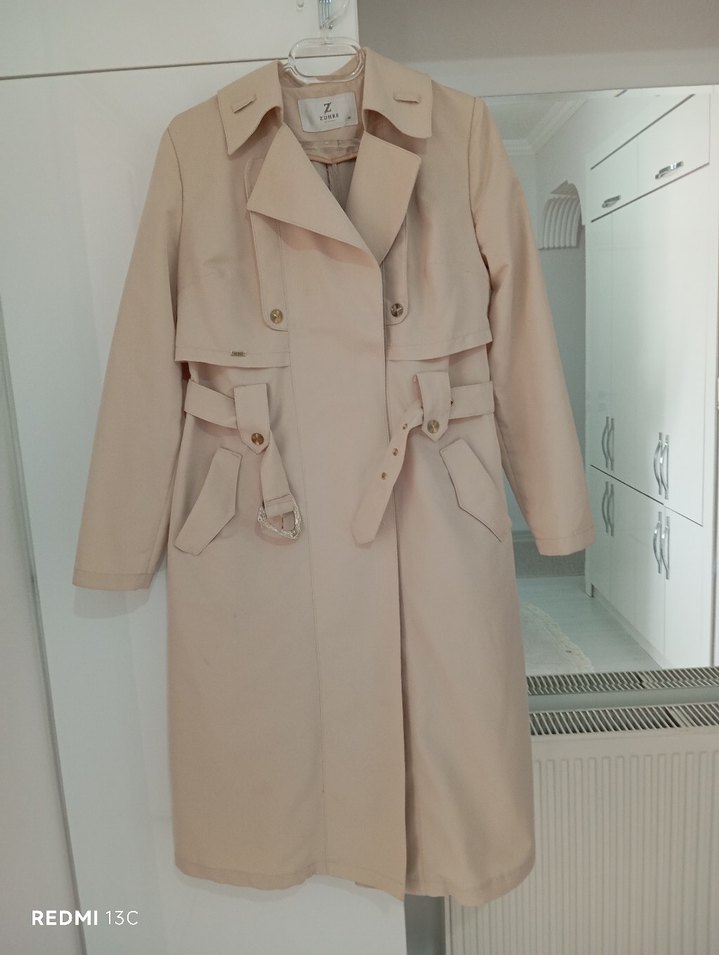 Bej Kadın Kemerli Uzun Trençkot - Görsel 2
