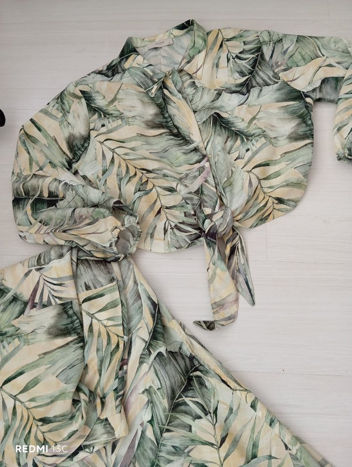 Yeşil Yaprak Desenli Uzun etek gömlek takım - Görsel 3