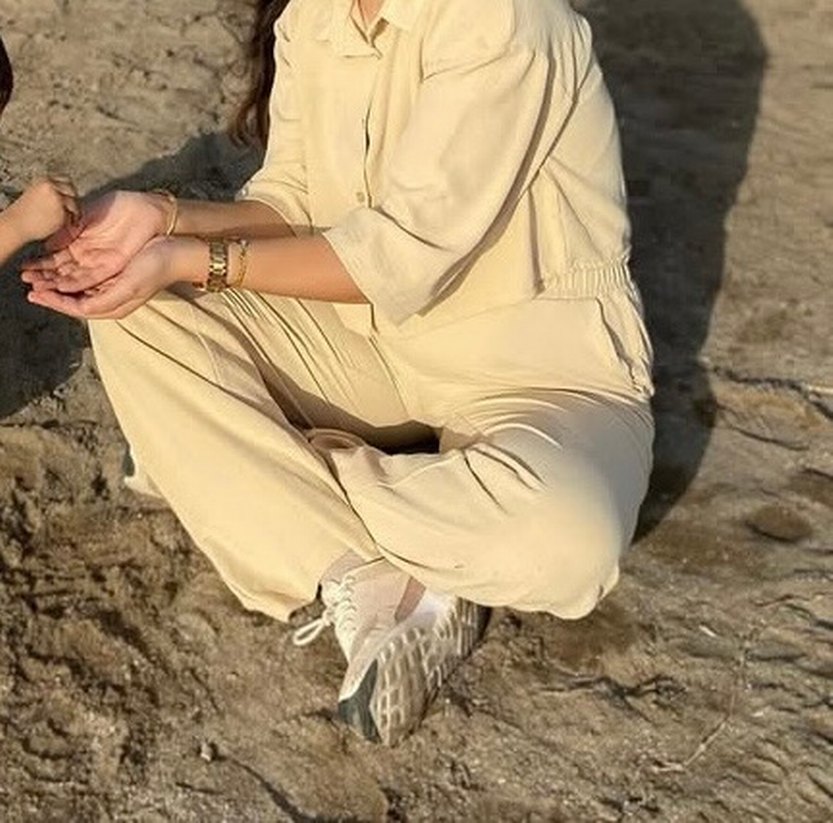 Bej Kadın Keten Düğmeli Takım - Görsel 2