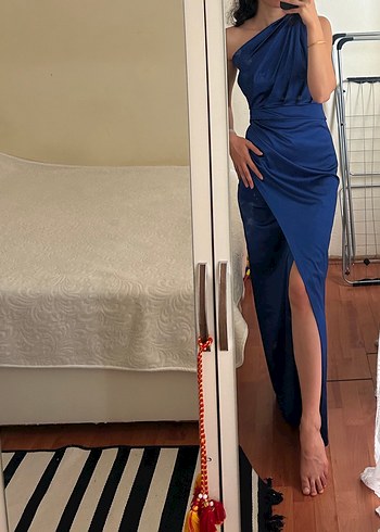 Mavi Drapeli Straplez Uzun Abiye Elbise - Görsel 2