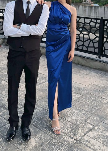 Mavi Drapeli Straplez Uzun Abiye Elbise - Görsel 3