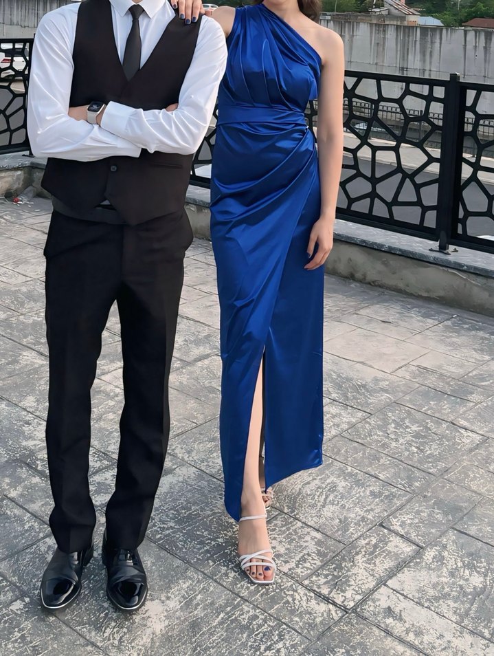 Mavi Drapeli Straplez Uzun Abiye Elbise - Görsel 3