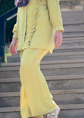 Kadın fıstık yeşil Uzun Keten Takım - Görsel 2