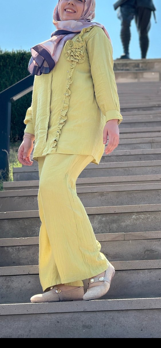 Kadın fıstık yeşil Uzun Keten Takım - Görsel 2