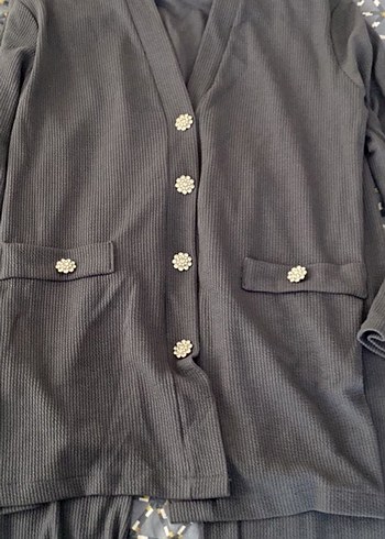 Gri Düğmeli Kadın Uzun Ceket ve Pantolon Takımı - Görsel 3