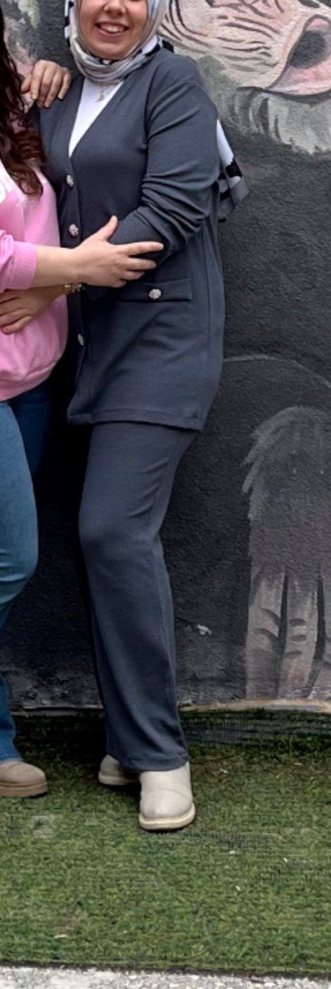 Gri Düğmeli Kadın Uzun Ceket ve Pantolon Takımı - Görsel 4