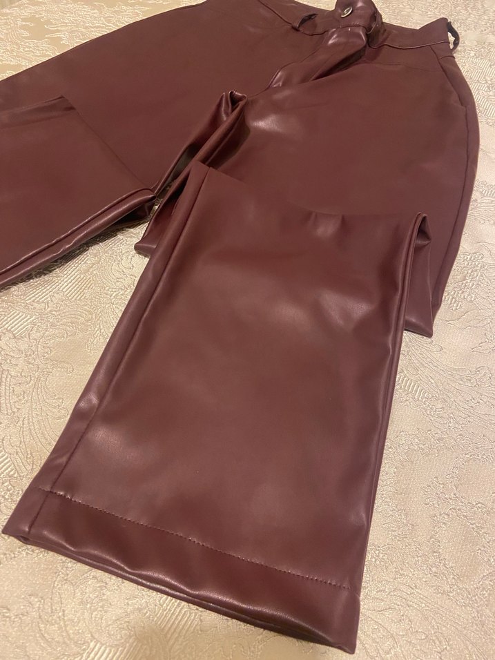 Kahverengi Parlak Deri Kadın Pantolon - Görsel 3