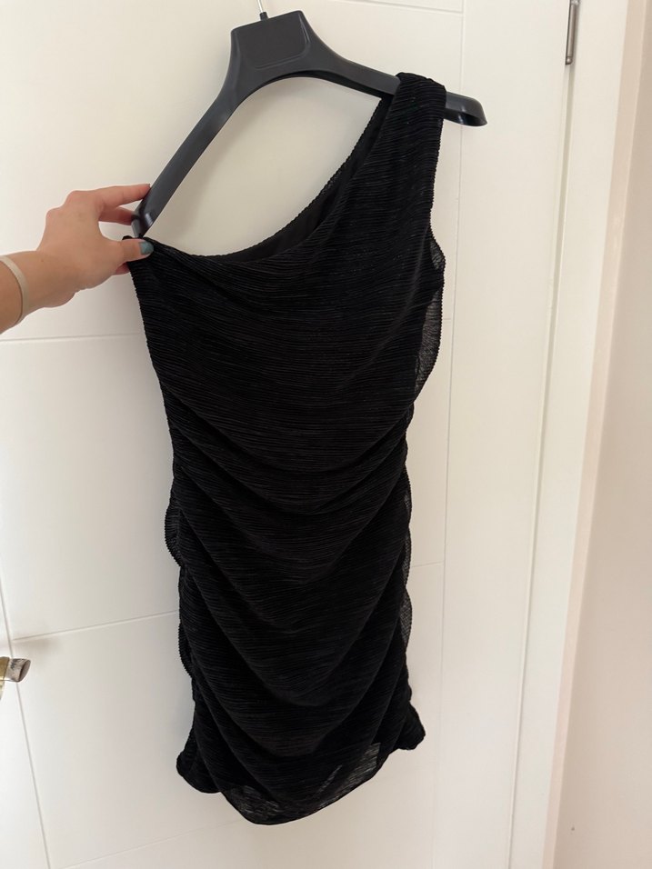 Siyah Drapeli Midi Straplez Kadın Elbise - Görsel 2