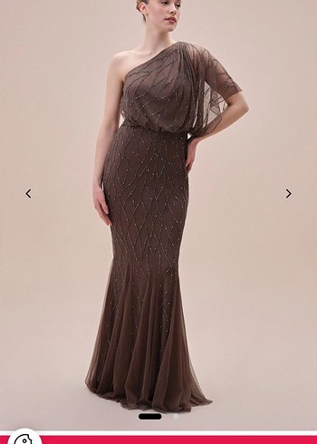 Oleg Cassini Kahverengi Uzun Abiye Elbise - Görsel 6