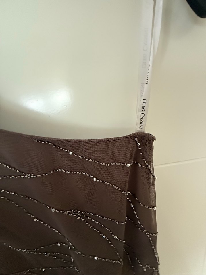 Oleg Cassini Kahverengi Uzun Abiye Elbise - Görsel 4