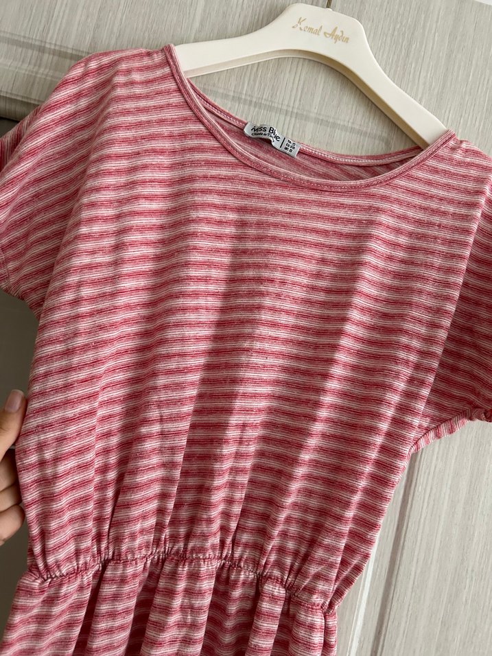 Pembe Çizgili Midi Kadın Elbise - Görsel 2