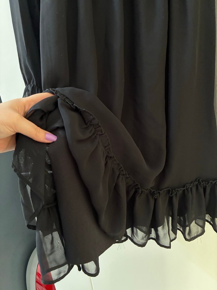 Uzun Kollu Siyah Fırfırlı Uzun Elbise - Görsel 2