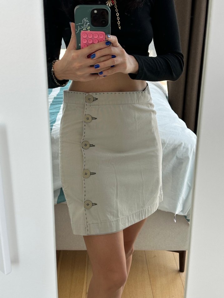Düğmeli krem Mini Etek - Görsel 5